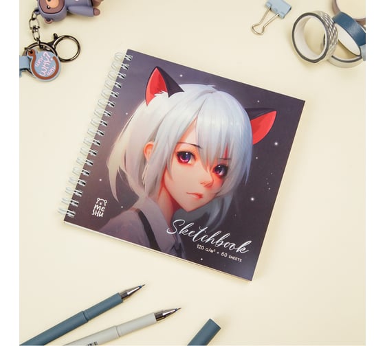 Скетчбук MESHU 60 листов, 150х150 мм, Neko, на гребне, выборочный лак, soft-touch MS_53036 1
