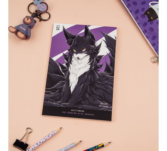 Скетчбук для рисования маркерами MESHU 50 листов, А5, на склейке, Anime cat MS_53576 1