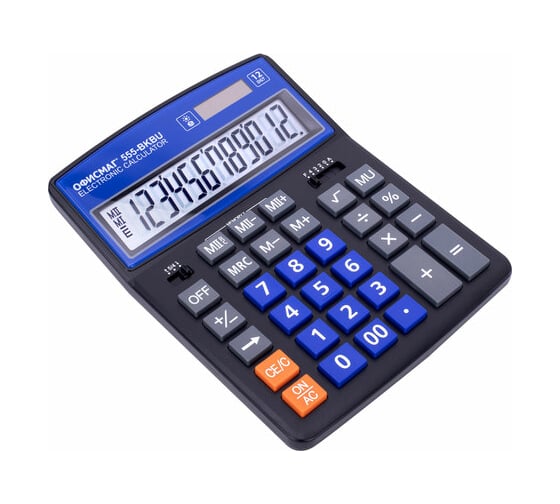 Калькулятор настольный ОФИСМАГ 555-BKBU 206x155 мм, 12 разрядов, двойное питание, черно-синий 271927