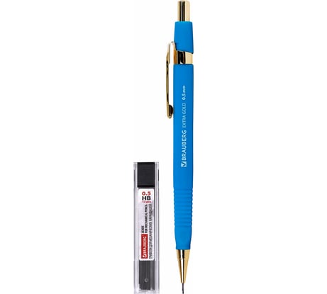 Механический карандаш BRAUBERG 0.5 мм + грифели, Hb, 12 шт., Extra Gold, корпус Soft Touch, ластик 181964