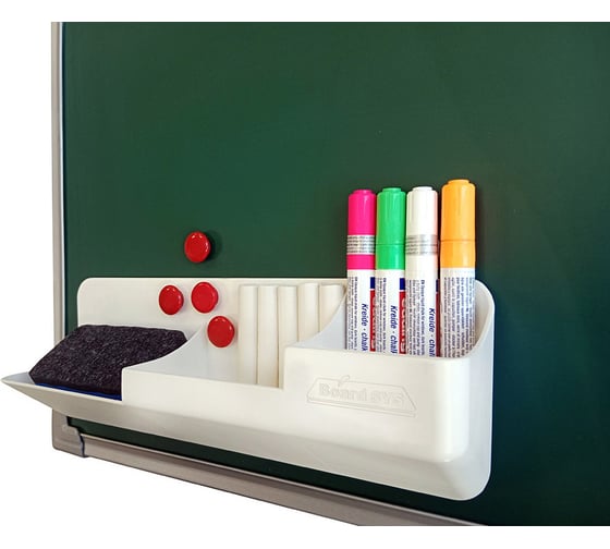 Набор аксессуаров для меловой доски BoardSYS лоток-органайзер оранжевого цвета, меловой маркер 2 штуки цвет в ассортименте салфетка из микрофибры, мел 5 шт цвет белый магнит 4 шт Набор-3Мо 1