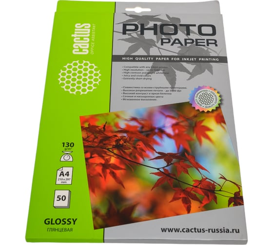 Фотобумага CACTUS CS-GA413050 A4, 130 г/м2, 50 листов, белый, глянцевое, для струйной печати 259226