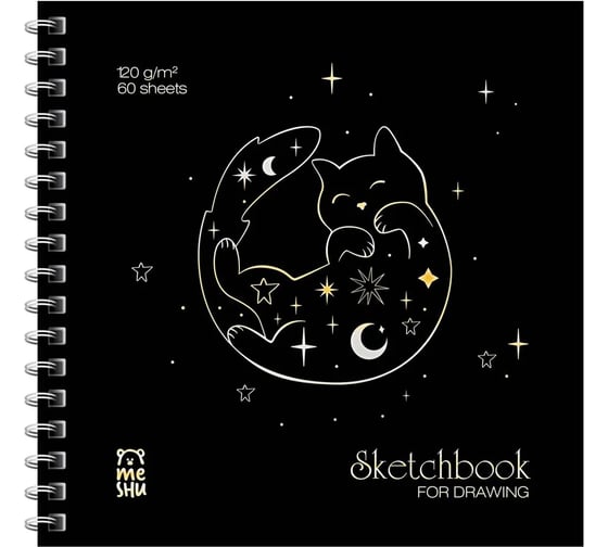 Скетчбук MESHU 60 л., 150х150 мм, Black Cat, на гребне, отделка фольгой MS_53037