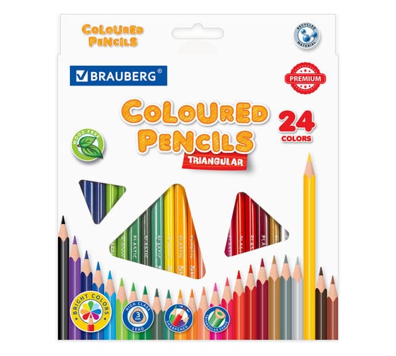Карандаши цветные BRAUBERG трехгранные, 24 ярких цвета, Premium, комплект 880544