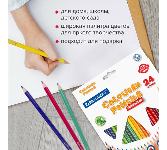 Карандаши цветные BRAUBERG трехгранные, 24 ярких цвета, Premium, комплект 880544