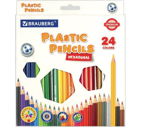 Карандаши цветные BRAUBERG классические, 24 ярких цвета, Premium, комплект 880547