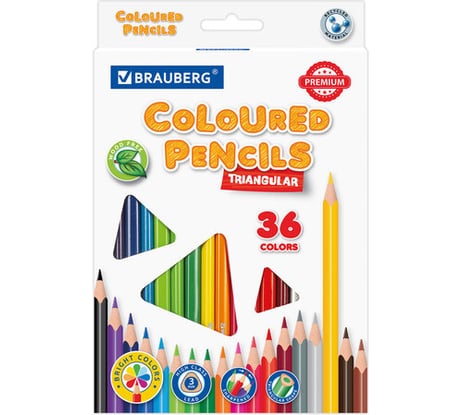 Карандаши цветные BRAUBERG трехгранные, 36 ярких цветов, Premium, комплект 880545