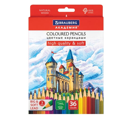 Карандаши цветные BRAUBERG мягкие Академия 36 цветов, шестигранные, грифель 3 мм 880784 1