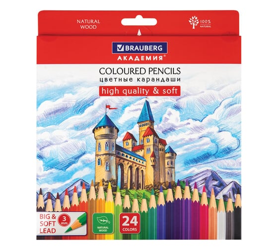 Карандаши цветные BRAUBERG мягкие Академия 24 цвета, шестигранные, грифель 3 мм 880783