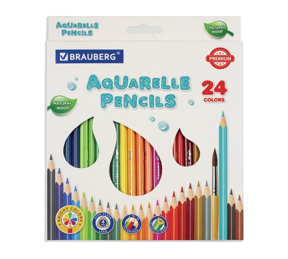 Карандаши акварельные цветные BRAUBERG 24 ярких цвета, Premium, комплект 880550 1