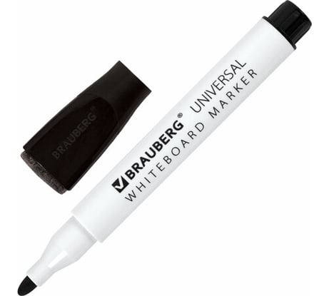 Маркер стираемый на магните со стирателем для белой доски черный Universal BRAUBERG, 3 мм 12 шт 152490