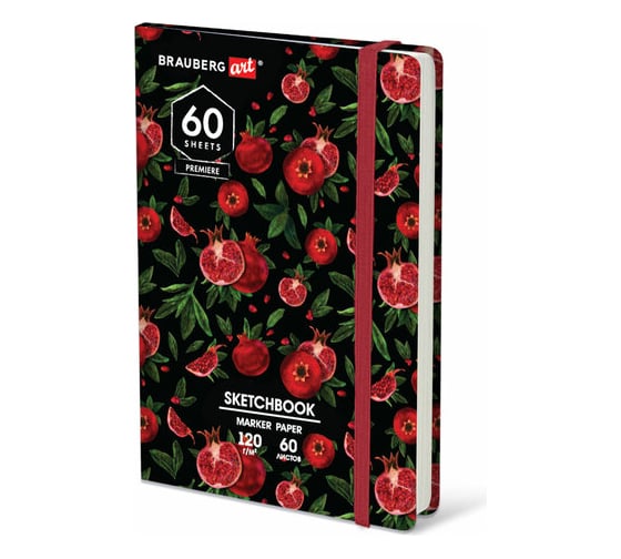 Скетчбук для маркеров BRAUBERG 120 г/м2, 148x210 мм, 60 листов, твердая обложка, резинка, Art, Микс 115103