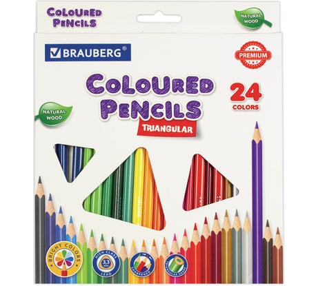 Карандаши цветные BRAUBERG трехгранные, 24 ярких цвета, Premium, комплект 880538