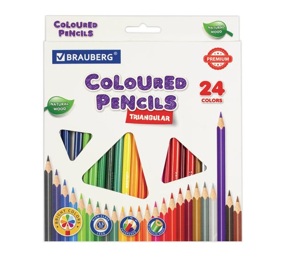 Карандаши цветные BRAUBERG трехгранные, 24 ярких цвета, Premium, комплект 880538