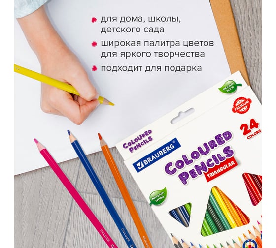 Карандаши цветные BRAUBERG трехгранные, 24 ярких цвета, Premium, комплект 880538