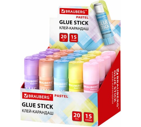 Клей-карандаш в пастельном корпусе Pastel BRAUBERG, 15 г, Pvp-основа, ассорти 20 шт 271249
