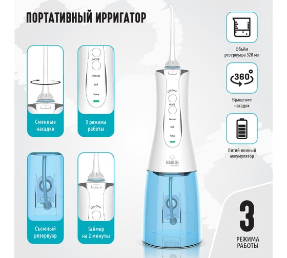 Портативный ирригатор полости рта QUMO Health Portable Irrigator P1 QHI-1 , белый, 320 мл., макс 890 кПа, Li-ion 1400 мА-ч 30551