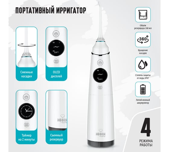 Портативный ирригатор полости рта QUMO Health Portable Irrigator P3 QHI-3 , белый, 260 мл., макс 890 кПа, Li-ion 1400 мА-ч 30553