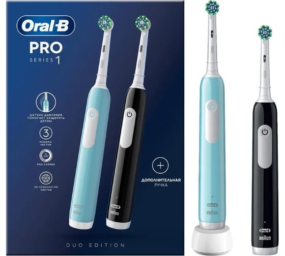 Набор электрических зубных щеток ORAL-B Pro 1 500 Duo/D305.523.3H черная/бирюзовая 3 режима тип 37 Б0064197
