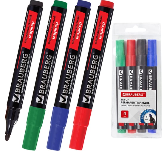 Перманентные нестираемые маркеры НАБОР 4 шт., АССОРТИ, "Contract", без клипа, круглые 3 BRAUBERG 150474