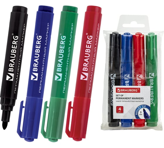 Перманентные нестираемые маркеры НАБОР 4 шт., АССОРТИ, "Classic", круглые, 3 мм, BRAUBERG 150299