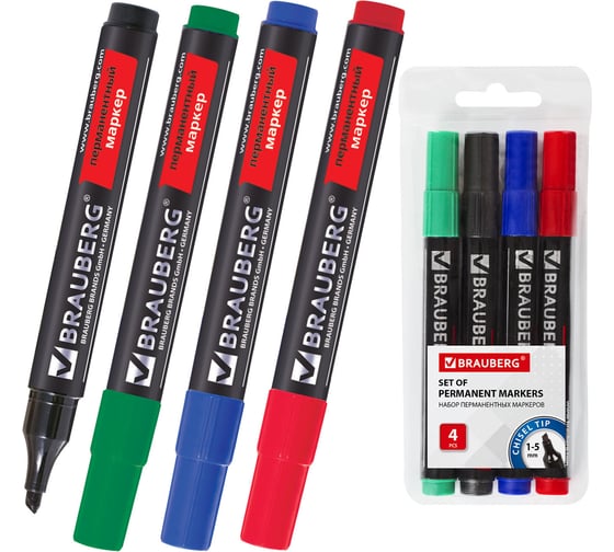 Перманентные нестираемые маркеры НАБОР 4 шт., АССОРТИ, "Contract", без клипа, скошенные BRAUBERG 150473