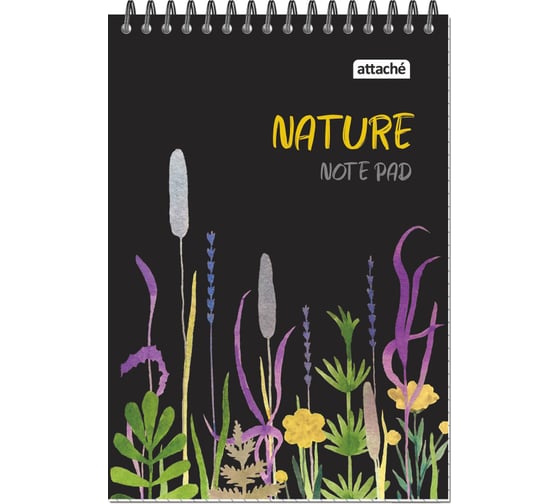 Блокнот Attache А5 60 листов, Nature Black flowers клетка, 65 г, гребень, картон, ВД-лак 1919370 1