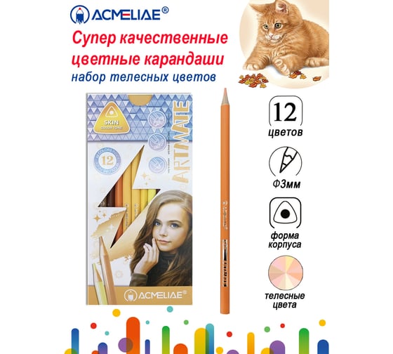 Набор цветных телесных карандашей ACMELIAE Skin Artmate 12 цветов в картонном футляре 8802