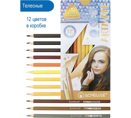 Набор цветных телесных карандашей ACMELIAE Skin Artmate 12 цветов в картонном футляре 8802