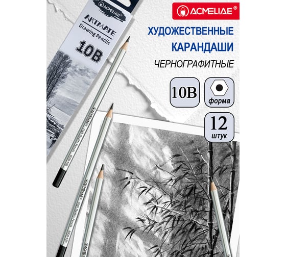 Карандаш чернографитный ACMELIAE 10B шестигранный 12 шт, корпус серебряный 8000-10B EAN