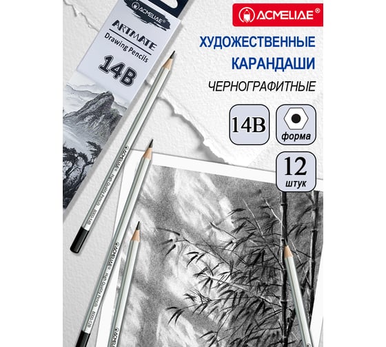 Карандаш чернографитный ACMELIAE 14B шестигранный 12 шт, корпус серебряный 8000-14B EAN