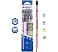Карандаш чернографитный ACMELIAE 2B с ластиком 12 шт круглый, 4 цвета корпуса с принтом 43018 EAN