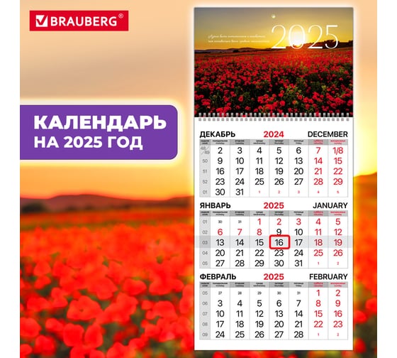 Календарь квартальный на 2025 г., 1 блок, 1 гребень, бегунок, мелованная бумага, , Маки, BRAUBERG 116129