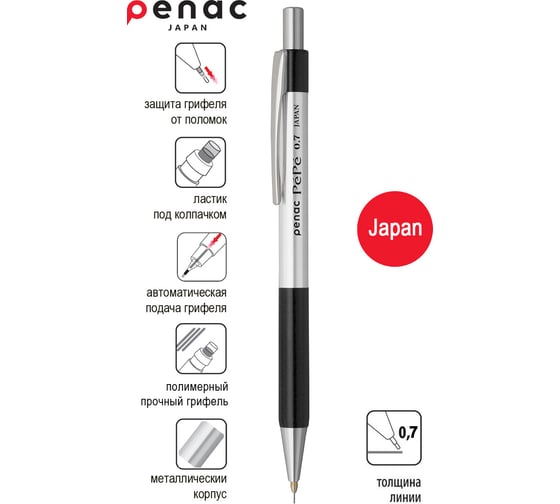 Карандаш механический Penac Pepe 0.7 мм HB металл/черный, в блистере SB0103-06/B
