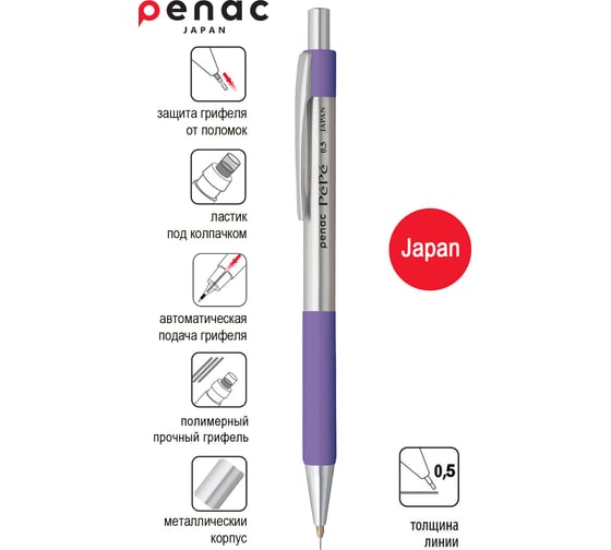 Карандаш механический Penac Pepe 0.5 мм HB металл/фиолетовый, в блистере SB0104-08/B