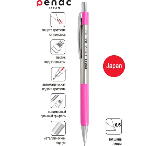 Карандаш механический Penac Pepe 0.5 мм HB металл/розовый, в блистере SB0104-02/B