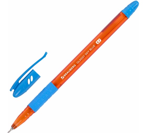 Ручка шариковая масляная с грипом Glassy Sky Blue, Светло-синяя, узел 0,7 мм, линия письма 0,35 мм, BRAUBERG 144107 1