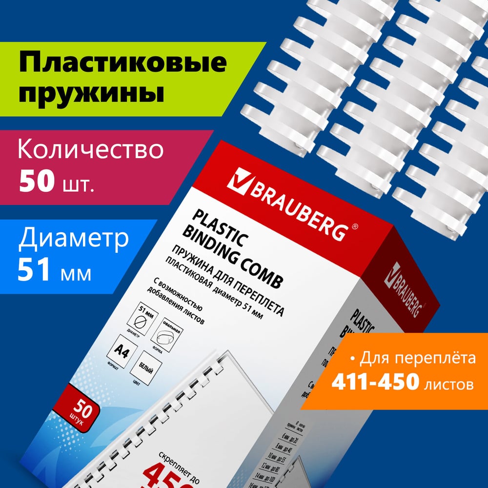 Пружины пластиковые для переплета Brauberg 530935, комплект 50 шт., 51 мм, для сшивания 411-450 листов, белые