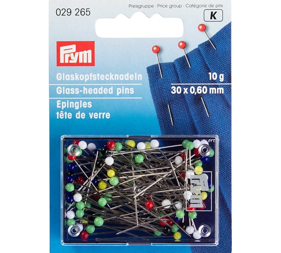 Иглы для закалывания PRYM "шарики", стеклянные головки, сталь, 10 г, 30 мм, ассорти 029265 275329