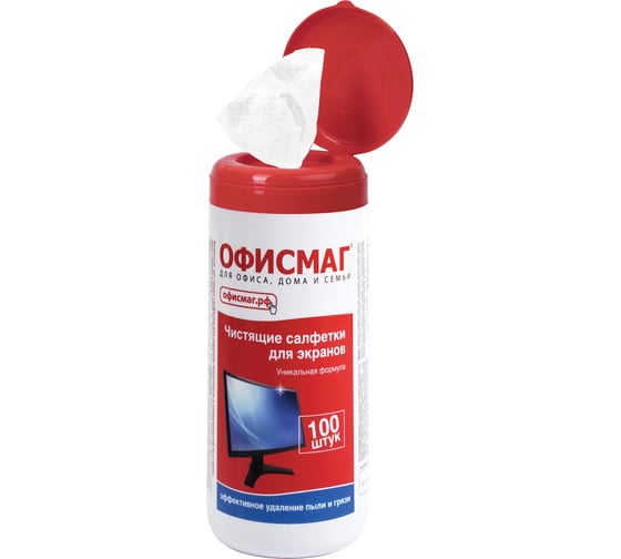 Салфетки для экранов всех типов и оптики ОФИСМАГ туба 100 шт., влажные 510483