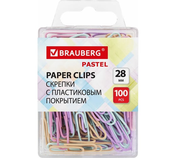 Скрепки BRAUBERG Pastel, 28 мм, пастельные цвета, 100 шт., в пластиковой коробке 271956 1