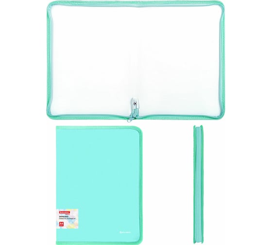 Папка объемная на молнии BRAUBERG пластиковая Pastel, А4, 330x240мм, 600мкм, цвет мятный 271973