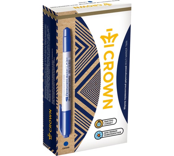 Маркер перманентный двухсторонний Crown "Multi Marker Twin", упаковка из 12 шт., синий, пулевидный, 2 мм/1 мм 117934