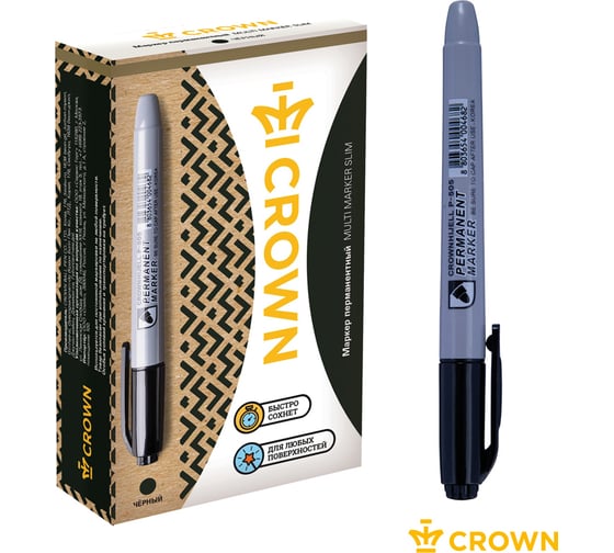 Маркер перманентный Crown "Multi Marker Slim", упаковка из 12 шт., черный, пулевидный, 2 мм 207899