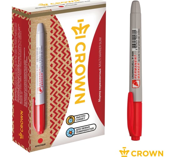 Маркер перманентный Crown "Multi Marker Slim", упаковка из 12 шт., красный, пулевидный, 2 мм 207897