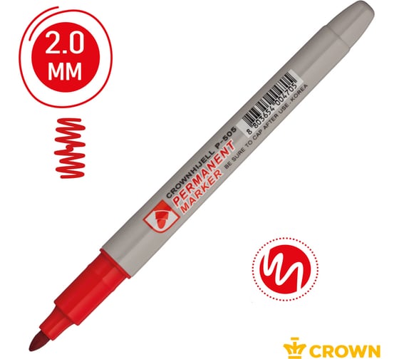 Маркер перманентный Crown "Multi Marker Slim", упаковка из 12 шт., красный, пулевидный, 2 мм 207897