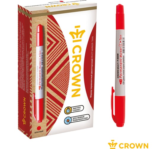 Маркер перманентный двухсторонний Crown "Multi Marker Twin", упаковка из 12 шт., красный, пулевидный, 2 мм/1 мм 117933