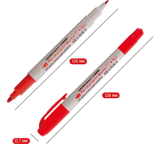 Маркер перманентный двухсторонний Crown "Multi Marker Twin", упаковка из 12 шт., красный, пулевидный, 2 мм/1 мм 117933