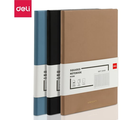 Блокнот DELI А5 96 листов 80 г/м мягкая обложка, клетка 5x5 мм, синий кожа EN128G 1793245