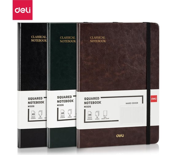 Блокнот DELI А5 96 листов 80 г/м твердая обложка, клетка 5x5 мм, черный кожа EN132G 1793247